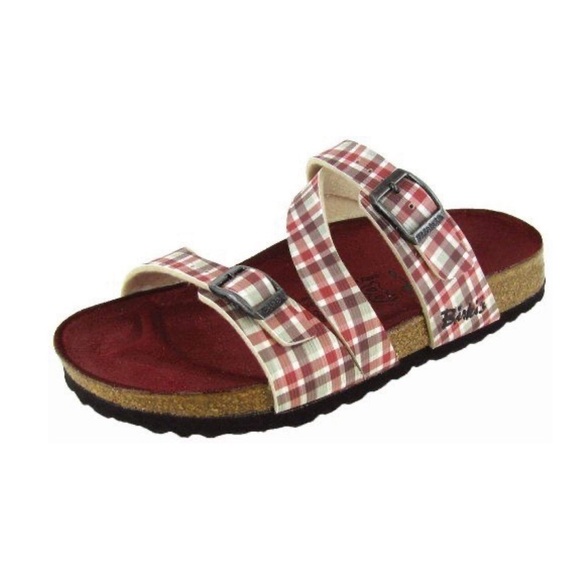 𝅺Birki’s Birkenstock Red Plaid Print Slide Sandals Women’s Size EU 37 US 6 - Picture 1 of 11